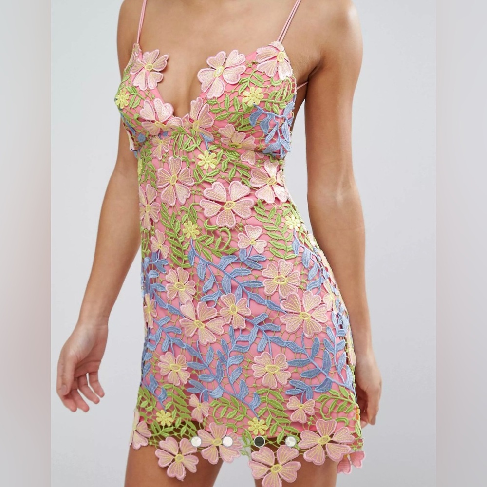 Asos 4 Salon 3D Applique Super Mini Floral Guipure Embroidered Lace Dress Pink - Picture 13 of 16